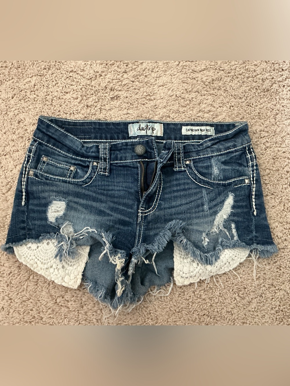 Daytrip Distressed Denim Lace-Trim Low-Rise Shorts - Dark Blue